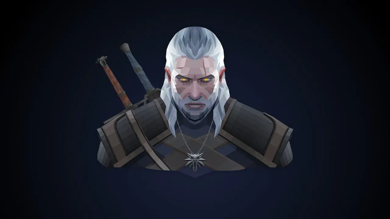 Geralt z Rivii, the Witcher, z żółtymi oczami i dwoma mieczami na plecach, gotowy do walki.