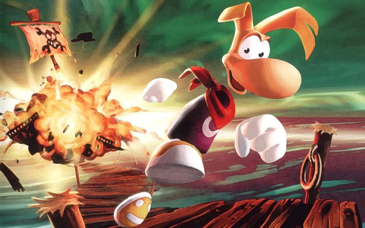 Rayman 2: wesoła eksplozja na pirackim statku, bohater unosi się w powietrzu.