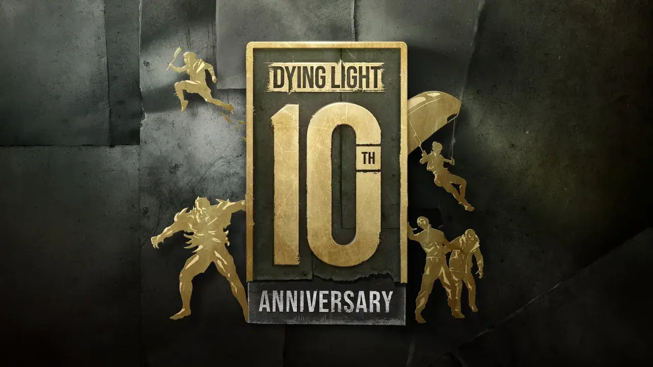 Złote sylwetki postaci z gry Dying Light świętują 10. rocznicę. Widoczni biegacze, skoczek na spadochronie i walczący.