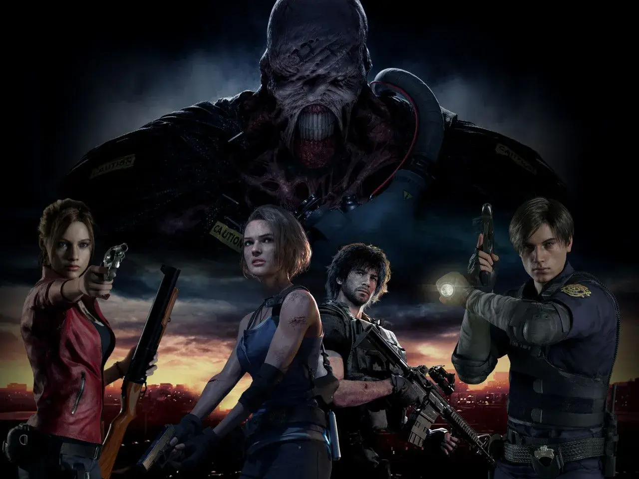 Claire, Jill, Carlos i Leon z Resident Evil walczą z Nemesis na tle zniszczonego miasta.