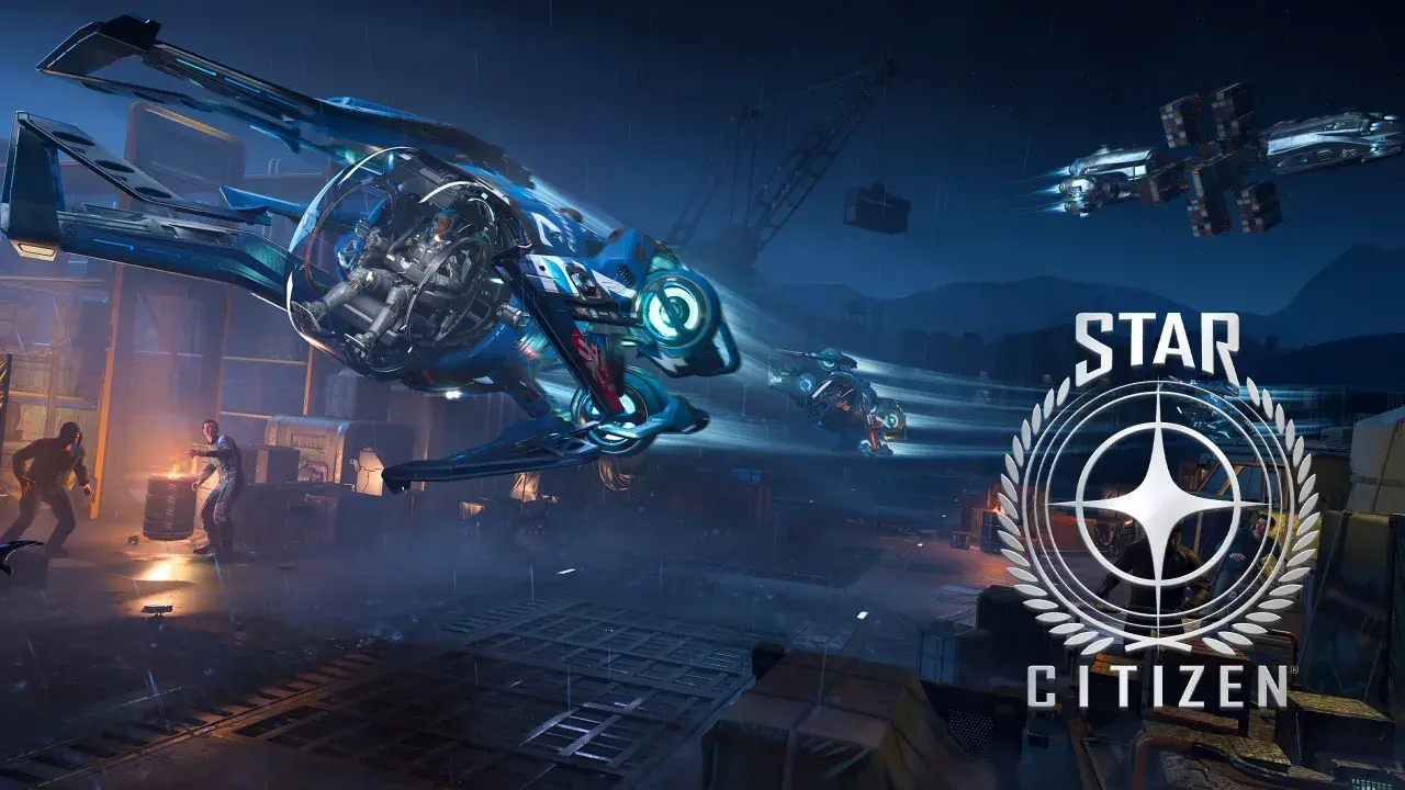Nocny deszcz w dokach, gdzie statki z gry Star Citizen przygotowują się do lotu. W tle logo gry.