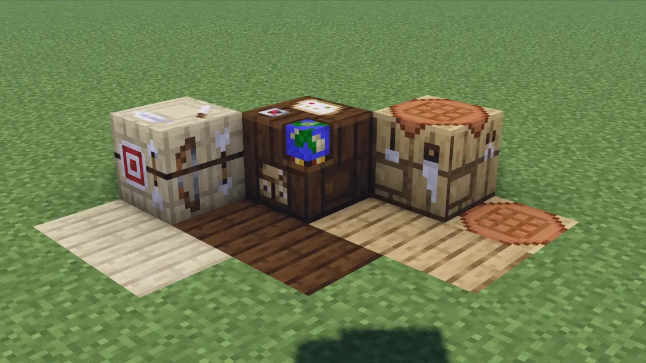 Jak zrobić stół kowalski w Minecraft? Oto trzy bloki: stół łuczniczy, stół kartograficzny i stół drwala.