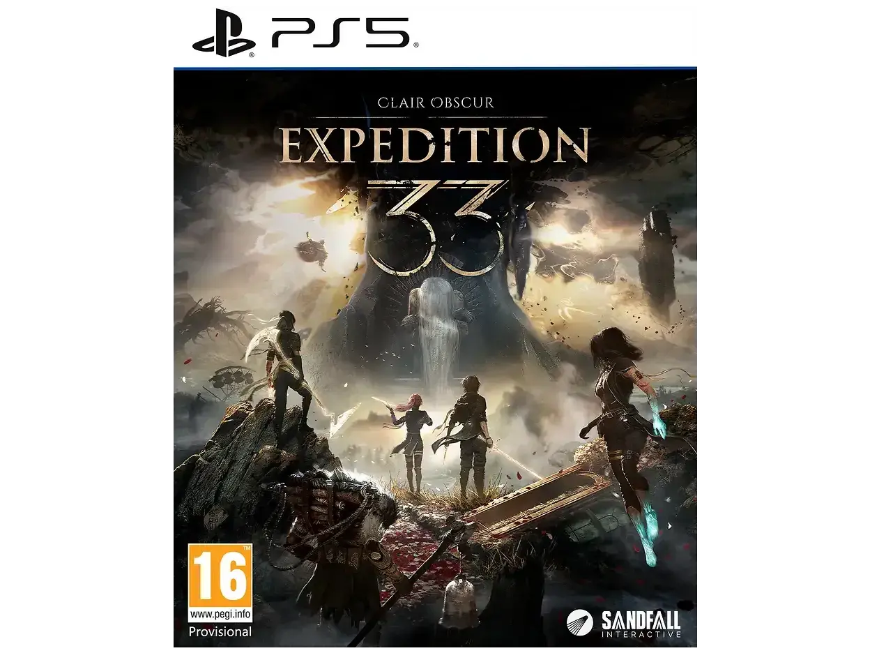 Okładka gry "Clair Obscur: Expedition 33" na PS5. Postacie w mrocznym, fantastycznym świecie.