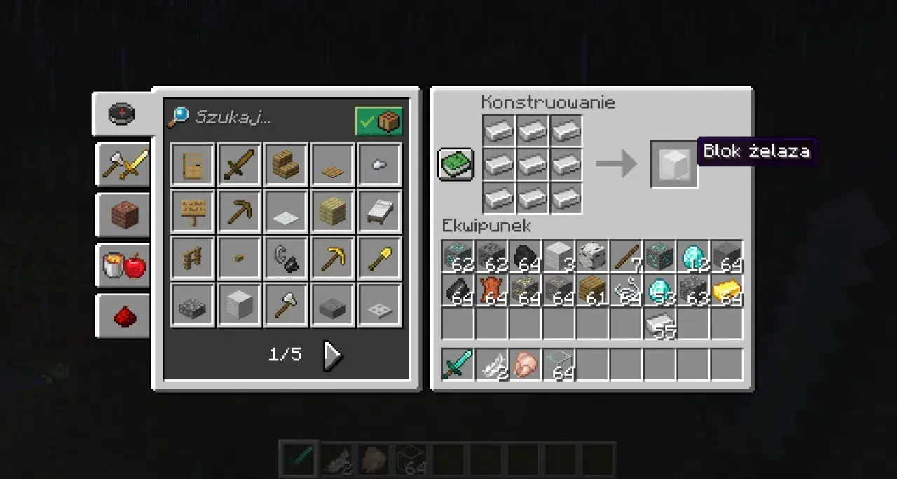 Gracz tworzy blok żelaza w grze Minecraft. W oknie "Konstruowanie" widać dziewięć sztabek żelaza, które po połączeniu dają blok.