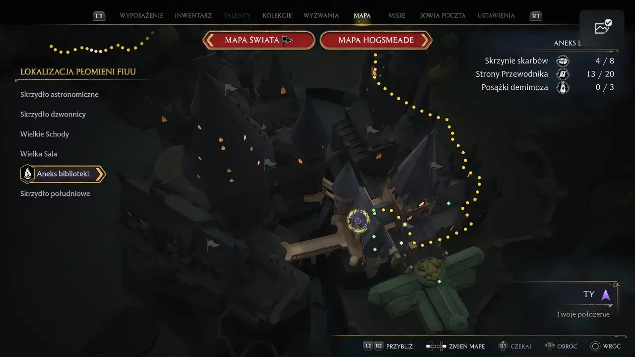 Mapa Hogwartu z zaznaczonymi płomieniami fiuu i listą zadań. Szukasz kluczy Dedala, by odblokować nowe lokacje.