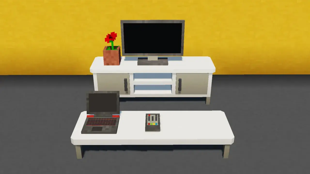 Nowoczesne meble z mrcrayfish's furniture mod: stolik RTV z telewizorem i kwiatkiem, oraz niski stolik z laptopem i pilotem.