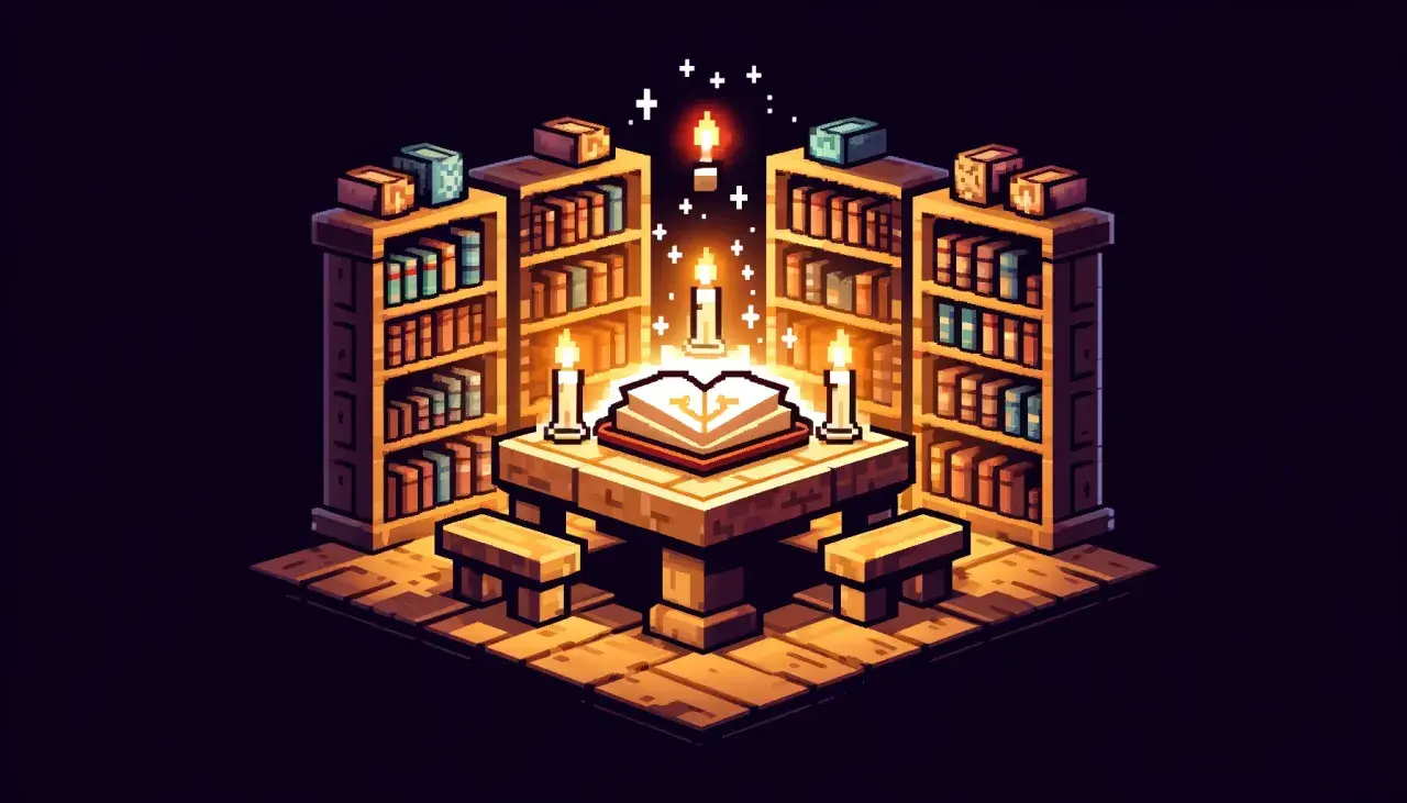 Magiczna biblioteka z otwartą księgą i świecami. Jak zrobic ksiazke z piorem w mc? Tu znajdziesz inspirację.