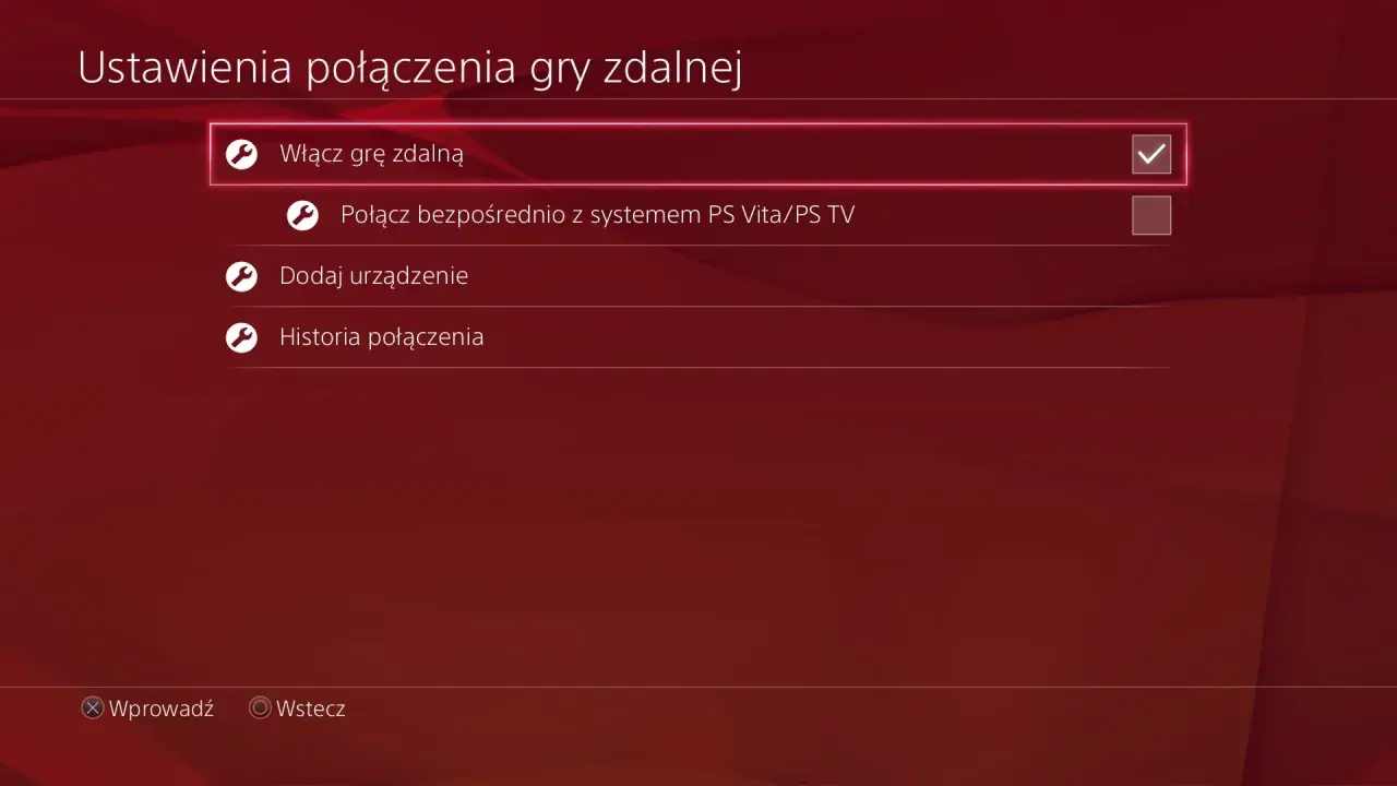 Ustawienia połączenia gry zdalnej, włącz grę zdalną. Możliwość grania na PC dzięki PS Remote Play.