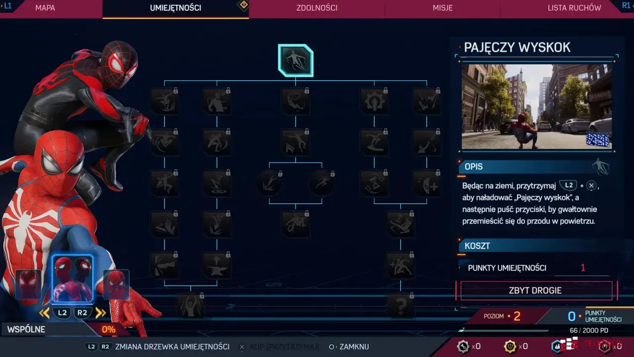 Drzewko umiejętności w grze Spider-Man 2. Miles Morales i Peter Parker prezentują nowe zdolności, w tym "Pajęczy wyskok".