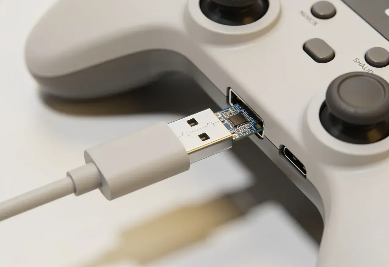 Szary kontroler Xbox z podłączonym kablem USB-C. Prosty sposób, jak podłączyć pada Xbox do PC.