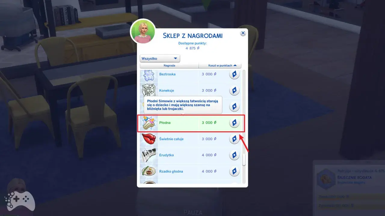 W The Sims 4, w sklepie z nagrodami, można kupić cechę "Płodna" za 3000 punktów, co ułatwia zajście w ciążę i zwiększa szansę na bliźnięta.