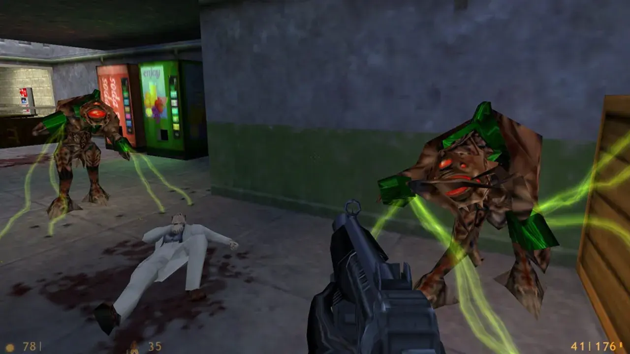 Walka z potworami w Half-Life, idealne fajne gry na słaby pc. Naukowiec leży na ziemi, a wokół niego zielona energia.