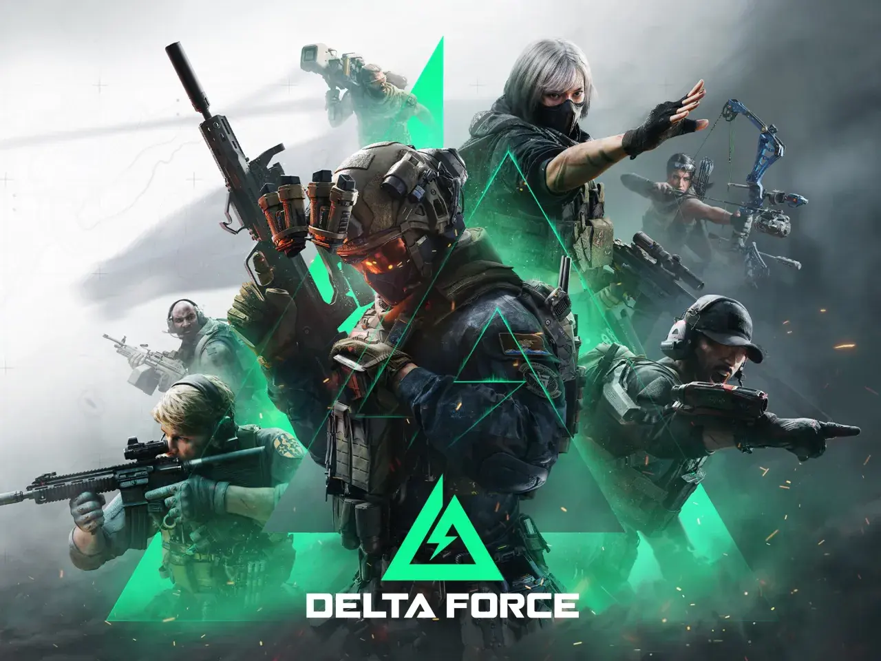 Drużyna Delta Force na PS5 gotowa do akcji. Żołnierze z bronią i łukiem w dynamicznej pozie.