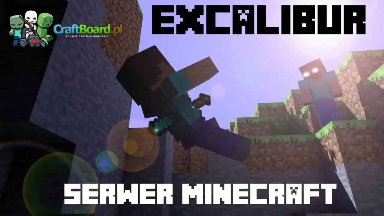 Steve z mieczem w ręku spada, a Herobrine czeka na szczycie. Grafika promuje serwer Minecraft "EXCALIBUR".