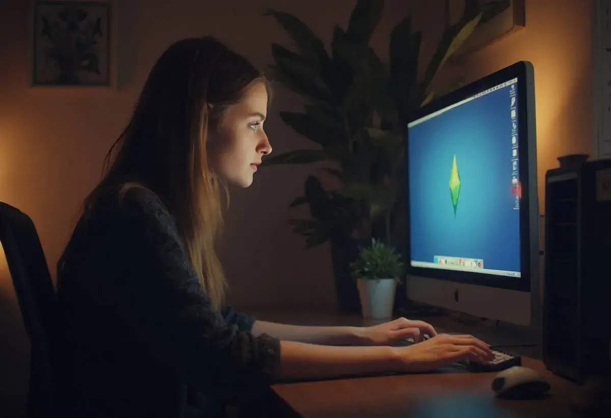 Dziewczyna gra w The Sims 4, skupiona na ekranie, gdzie widoczny jest symbol gry. Pewnie właśnie próbuje obracanie przedmiotów sims 4, by idealnie urządzić dom.