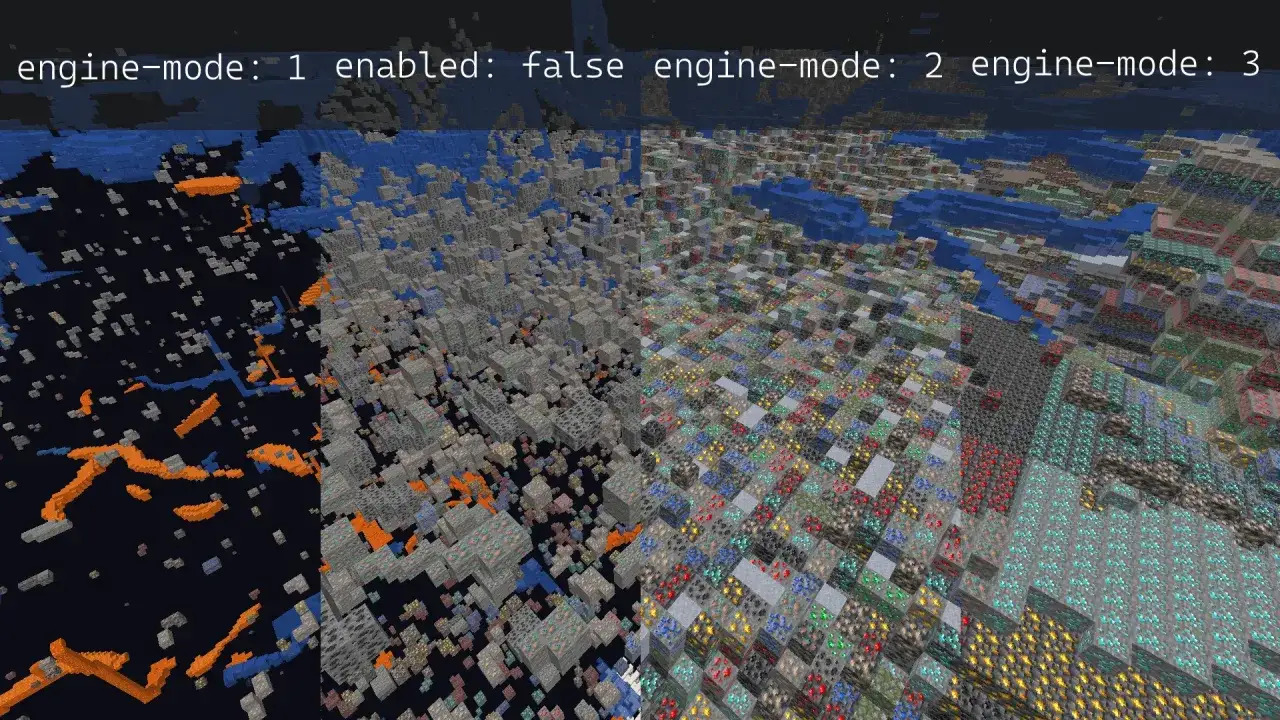 Widok z gry Minecraft. Po lewej ciemność z lawą i wodą, po prawej bogactwo minerał&oacute;w. To efekt działania anti xray plugin.