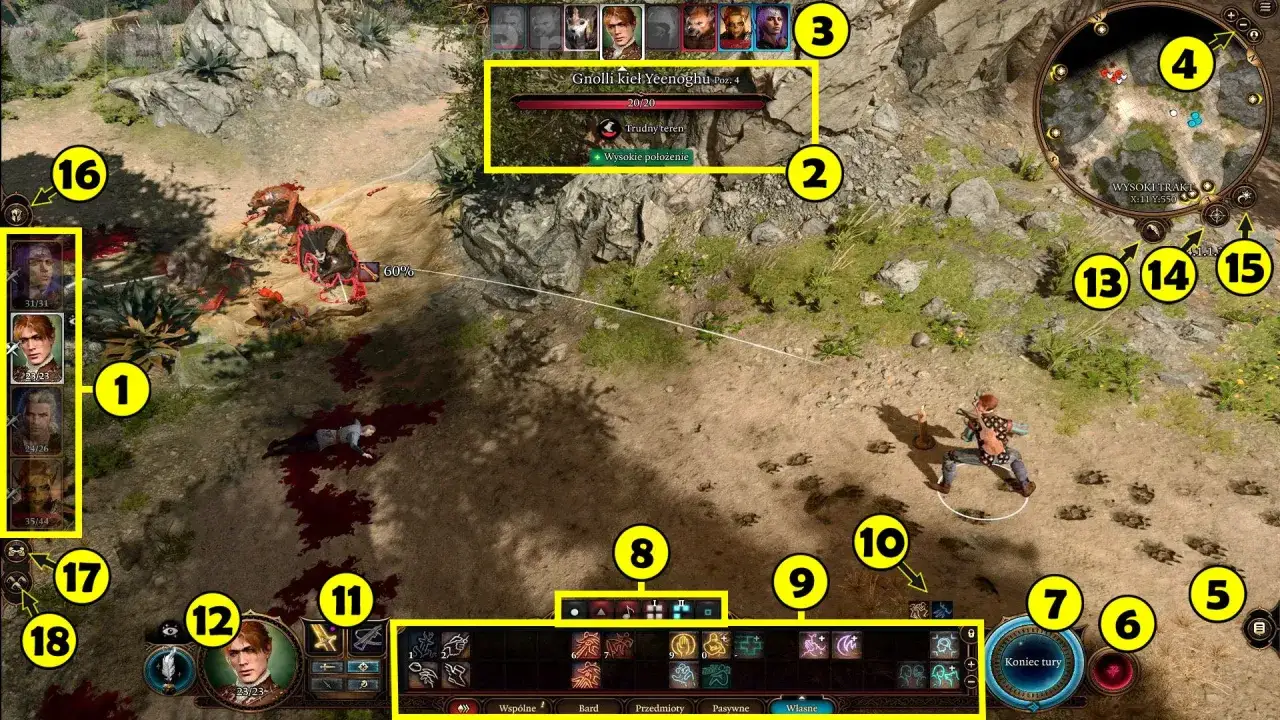Poradnik Baldur's Gate 3: walka z Gnollem, interfejs gry, mapa i umiejętności postaci.