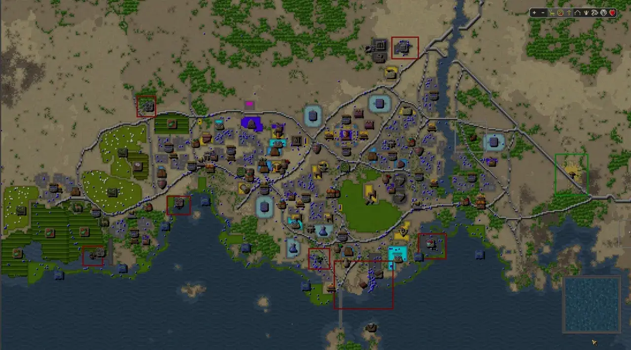Mapa strategiczna z gry Songs of Syx, ukazująca rozbudowaną osadę z budynkami, drogami i terenami zielonymi nad wodą.