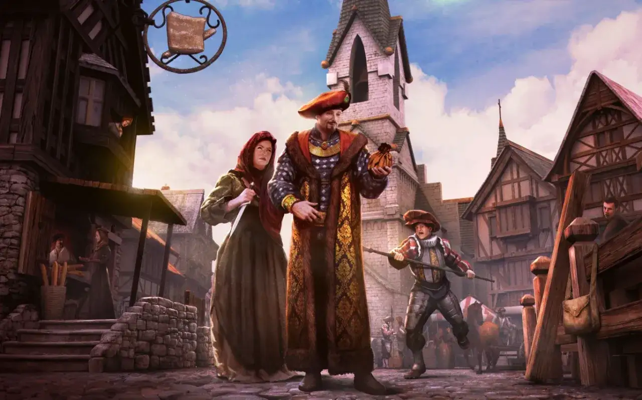 Postacie z gry The Guild 3 na tle średniowiecznego miasta. Bogato odziany mężczyzna z sakiewką, kobieta z nożem i młody strażnik.