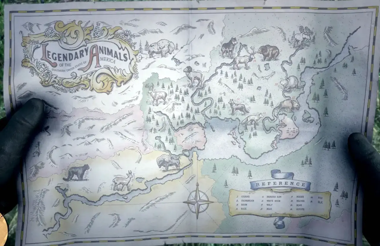 Mapa z zaznaczonymi legendarnymi zwierzętami RDR2. Znajdziesz tu niedźwiedzie, wilki, łosie i inne.