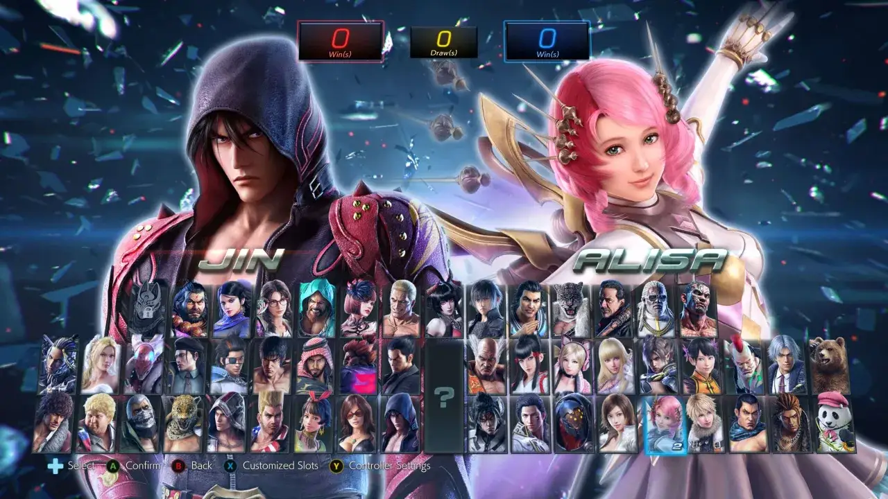 Wyb&oacute;r postaci w Tekken 7: Jin i Alisa na tle siatki wojownik&oacute;w.