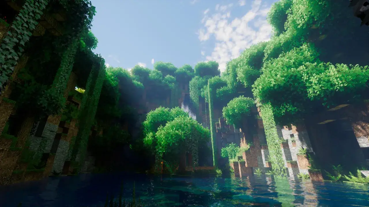 Wodospad w bujnej, zielonej dżungli, gdzie complementary reimagined shaders tworzą realistyczne odbicia w wodzie i oświetlenie.
