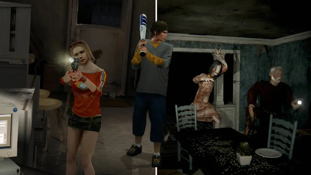 Dziewczyna z latarką i pistoletem, chłopak z kijem baseballowym, przerażająca postać i starszy mężczyzna z latarką. Klimat gry horror multiplayer.