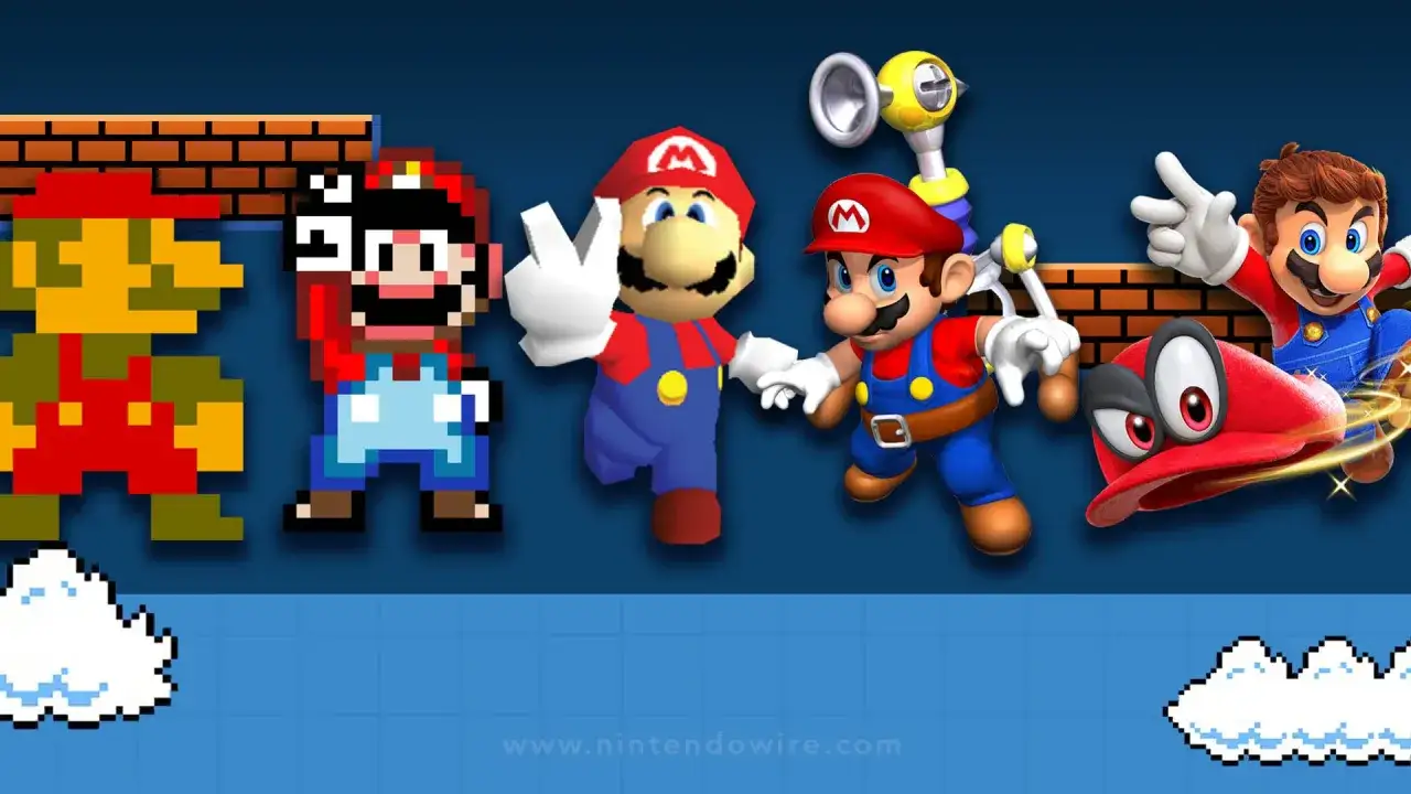 Ewolucja postaci z serii Super Mario: od pikseli do 3D, z towarzyszącym mu Cappy.