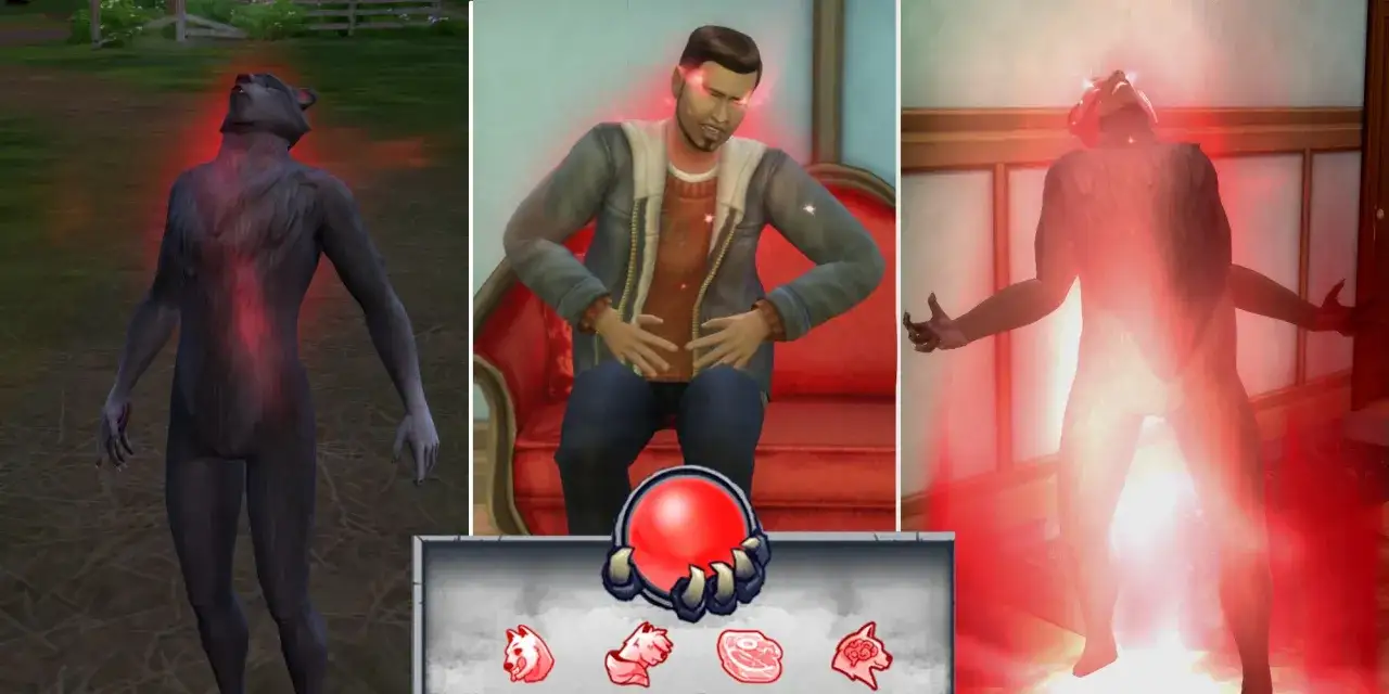 Wilkołaki w The Sims 4: szukają lekarstwa na przemianę. Czerwona aura otacza ich ciała, symbolizując walkę z wilkołactwem.