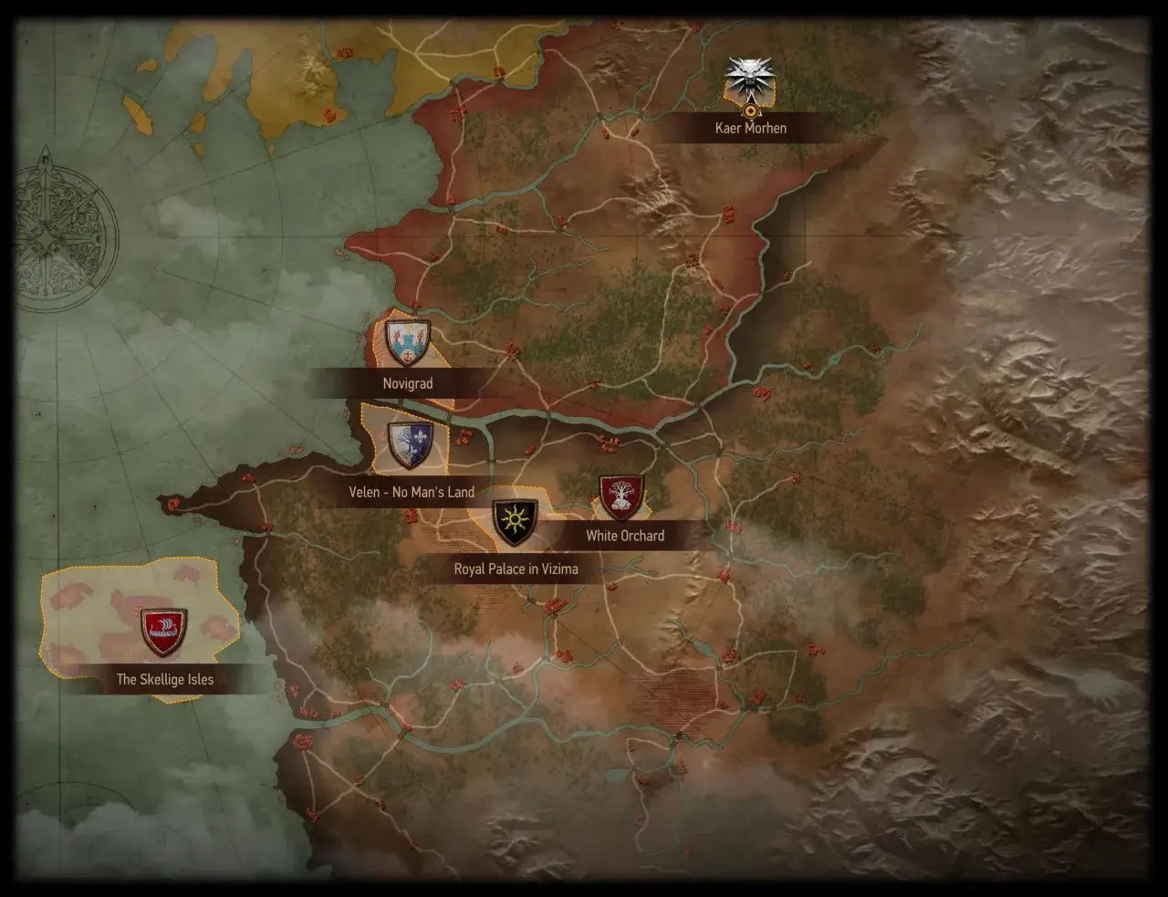Mapa świata z gry Wiedźmin, ukazująca lokacje takie jak Novigrad, Velen, Kaer Morhen i Skellige.