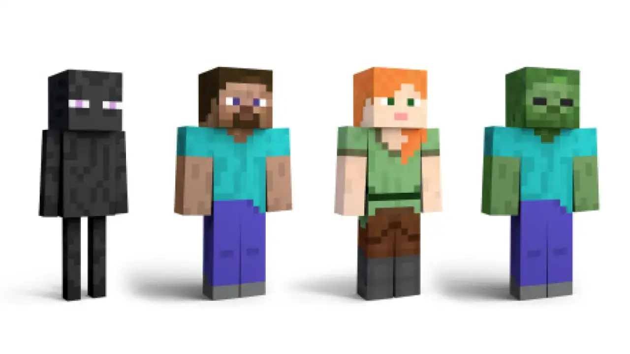 Postacie z Minecrafta: Enderman, Steve w niebieskiej koszulce i fioletowych spodniach, Alex w zielonej tunice i brązowych spodniach, oraz zombie.