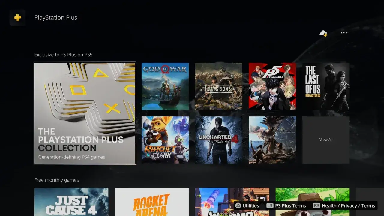 Ekran PlayStation z grami z PS Plus Collection, w tym God of War, Days Gone, Persona 5, The Last of Us. Dostępne też darmowe gry miesięczne.