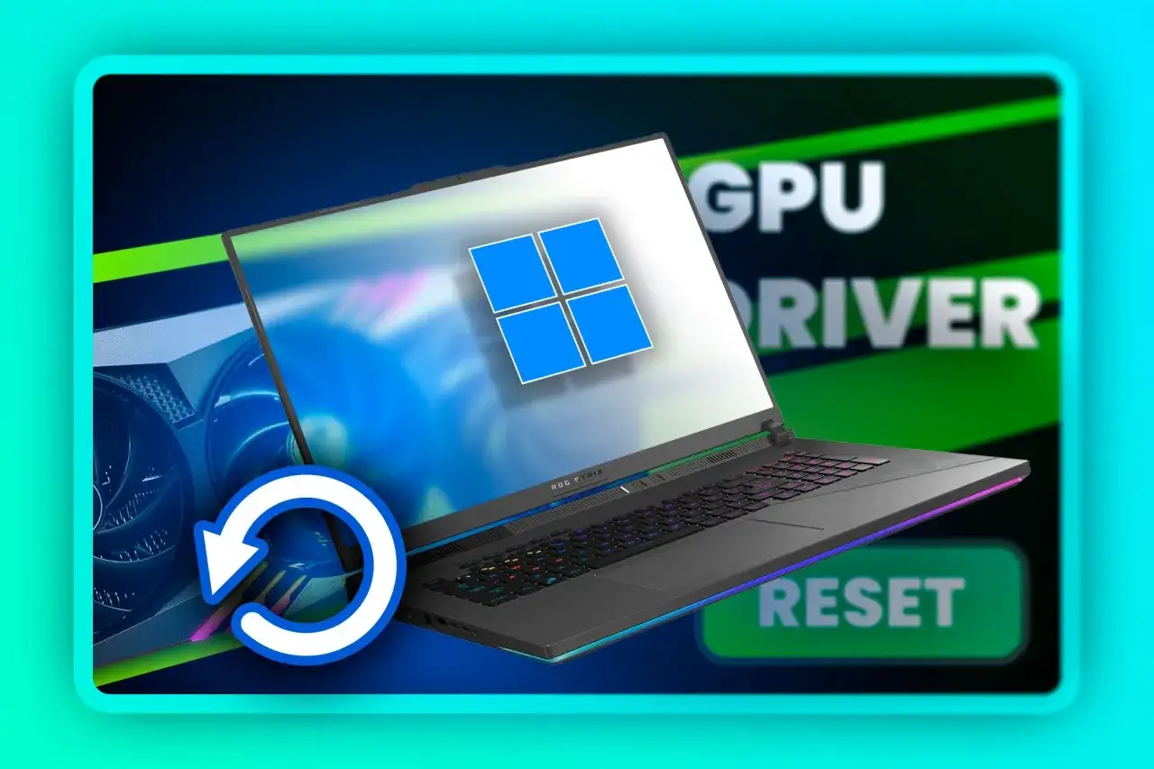 Jak zresetować sterowniki karty graficznej? Laptop z logo Windows, karta graficzna i przycisk reset.