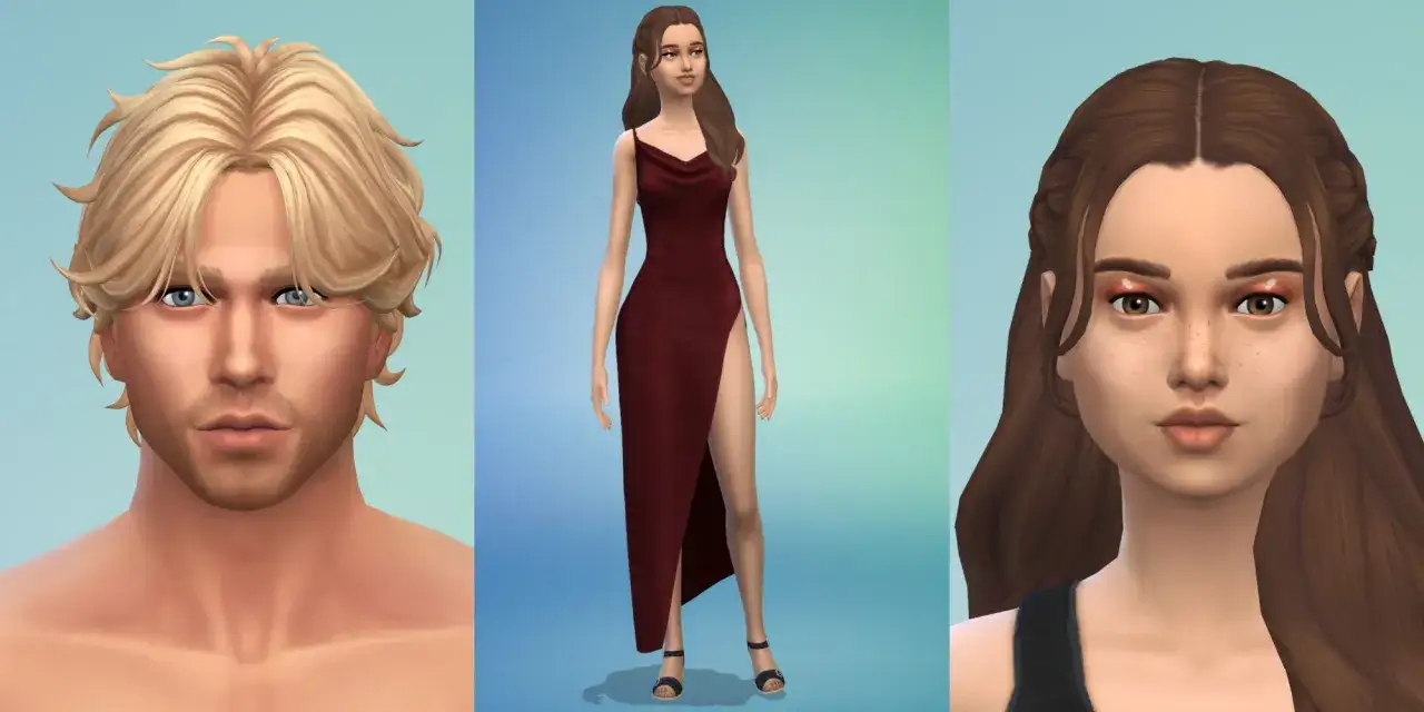 Strony do pobierania mod&oacute;w do The Sims 4: przystojny blondyn, elegancka Simka w czerwonej sukni i urocza brunetka z piegami.