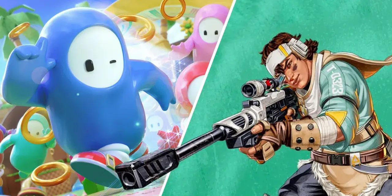 Kolorowe postacie z gry Fall Guys i dziewczyna z karabinem snajperskim, pokazujące r&oacute;żnorodność gier battle royale.