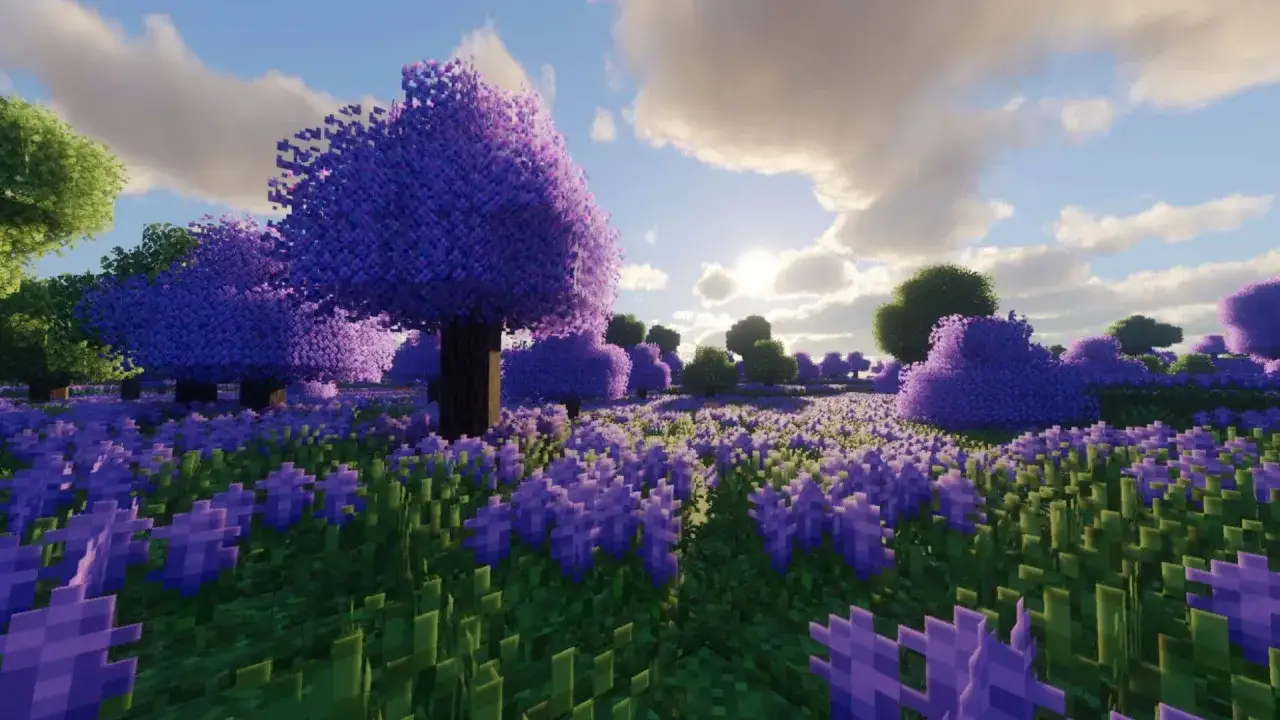 Fioletowe drzewa i kwiaty w grze Minecraft. Piękne biomy w MC tworzą magiczny krajobraz.