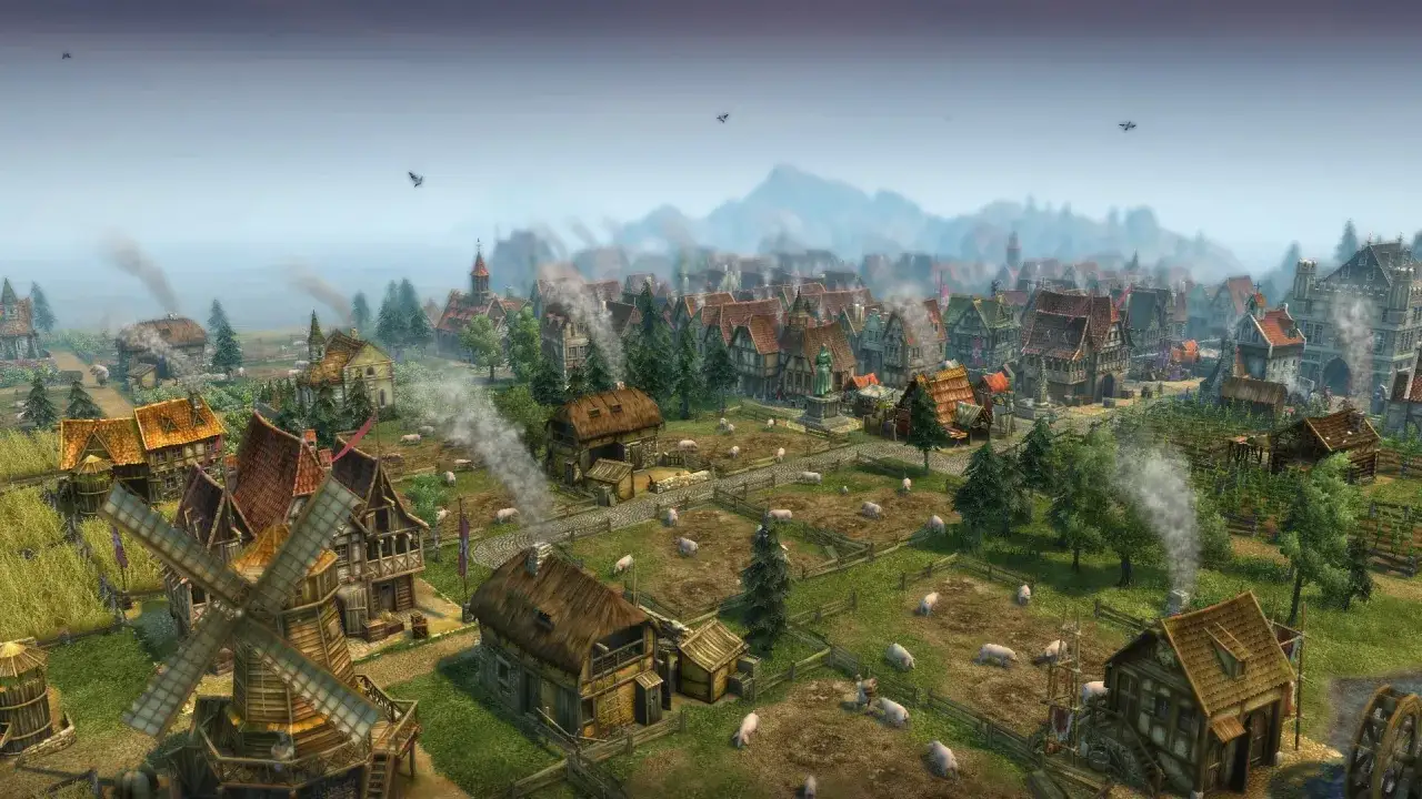 Rozbudowana wieś z wiatrakiem i świniami, idealna do poradnika anno 1404. Dym z komin&oacute;w i ptaki na niebie.