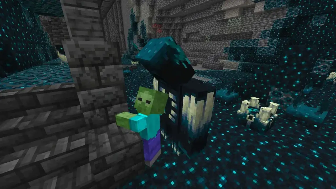 Zombie przed potężnym Wardenem w mrocznym, głębszym i ciemniejszym świecie Minecrafta.