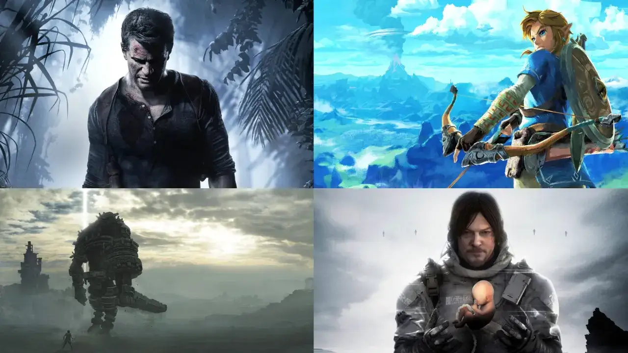 Kolaż z gier przygodowych: Nathan Drake, Link z łukiem, kolos i Sam Porter Bridges.