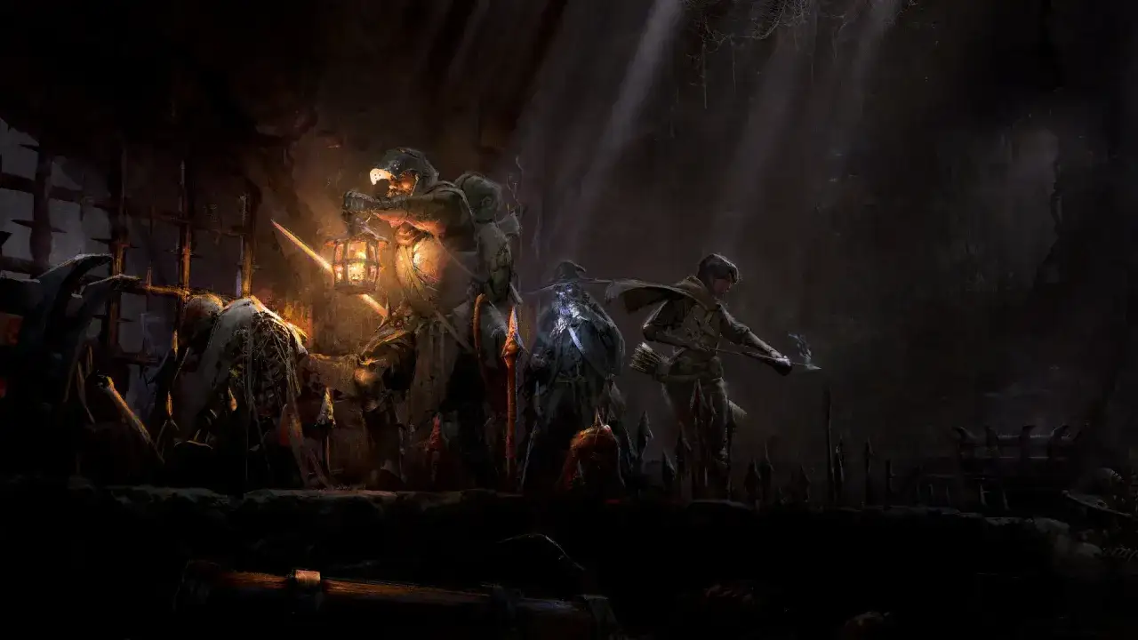 Trzej poszukiwacze przygód w mrocznym lochu, jeden z latarnią, drugi z łukiem, trzeci z magiczną laską. Wszędzie jest dark and darker.