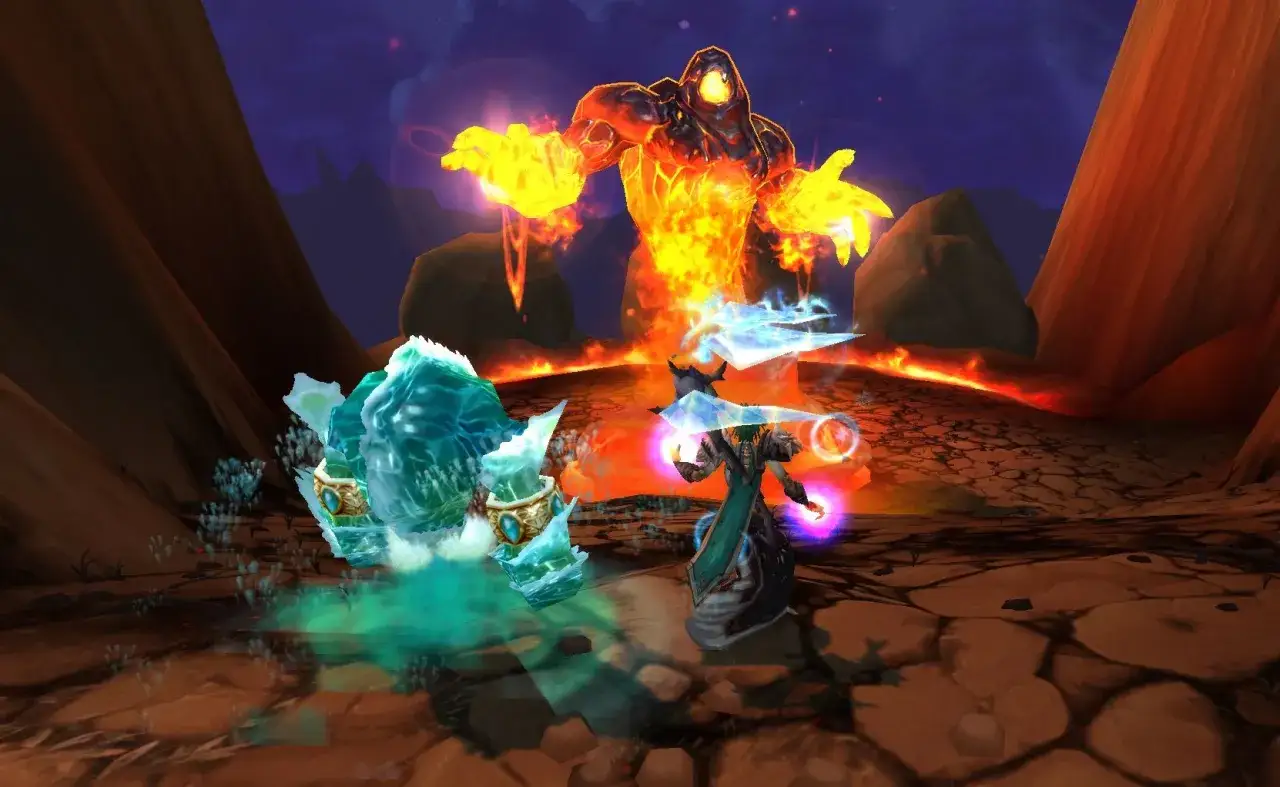 Lodowy golem i mag walczą z ognistym gigantem. To jest wow poziom 100!