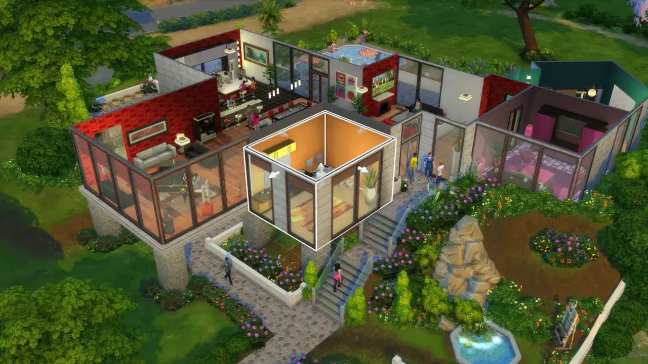 Nowy dom w The Sims 4, jakbyś dostał kod na darmowe domy. Nowoczesna architektura, basen, ogr&oacute;d.
