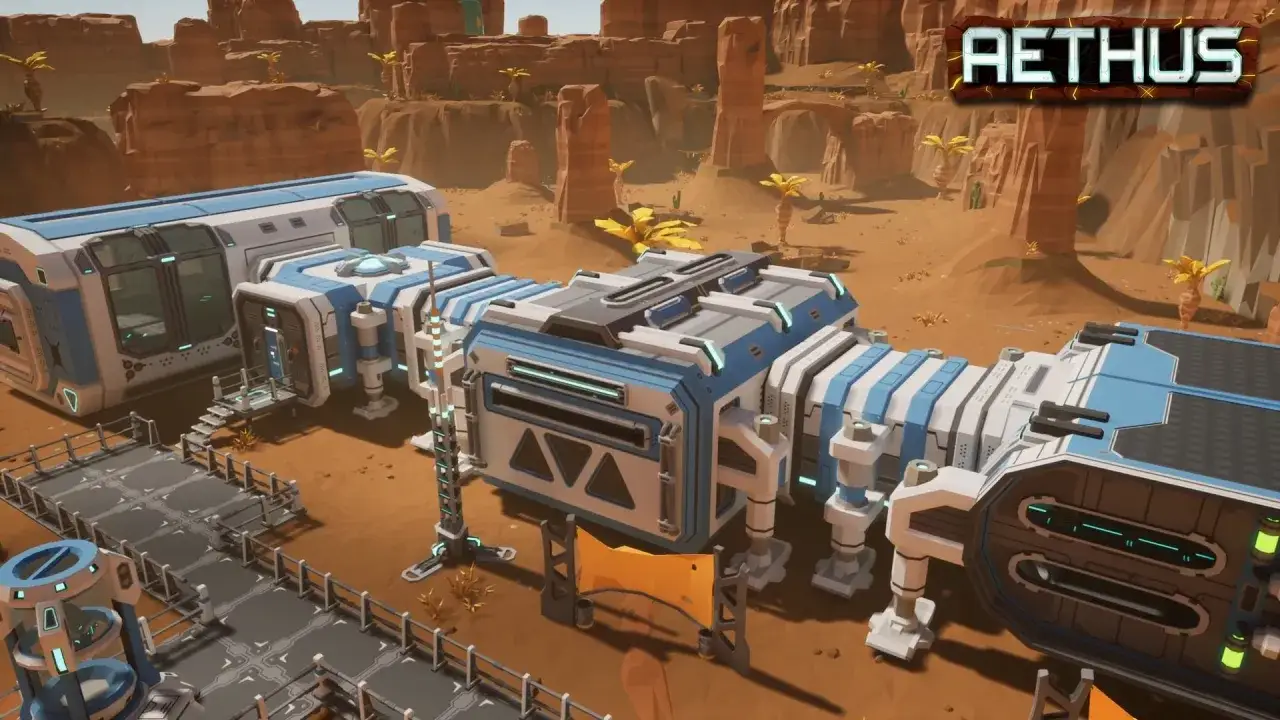 Baza na obcej planecie, idealna do gry gry survival multiplayer. Kolorowe moduły i pustynny krajobraz.