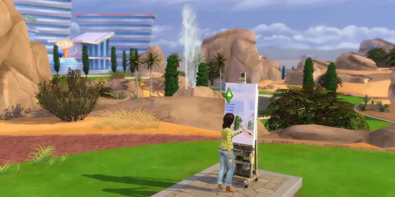 Simka rozwija umiejętności przedsiębiorcze w The Sims 4, malując krajobraz pustynny z fontanną w tle.
