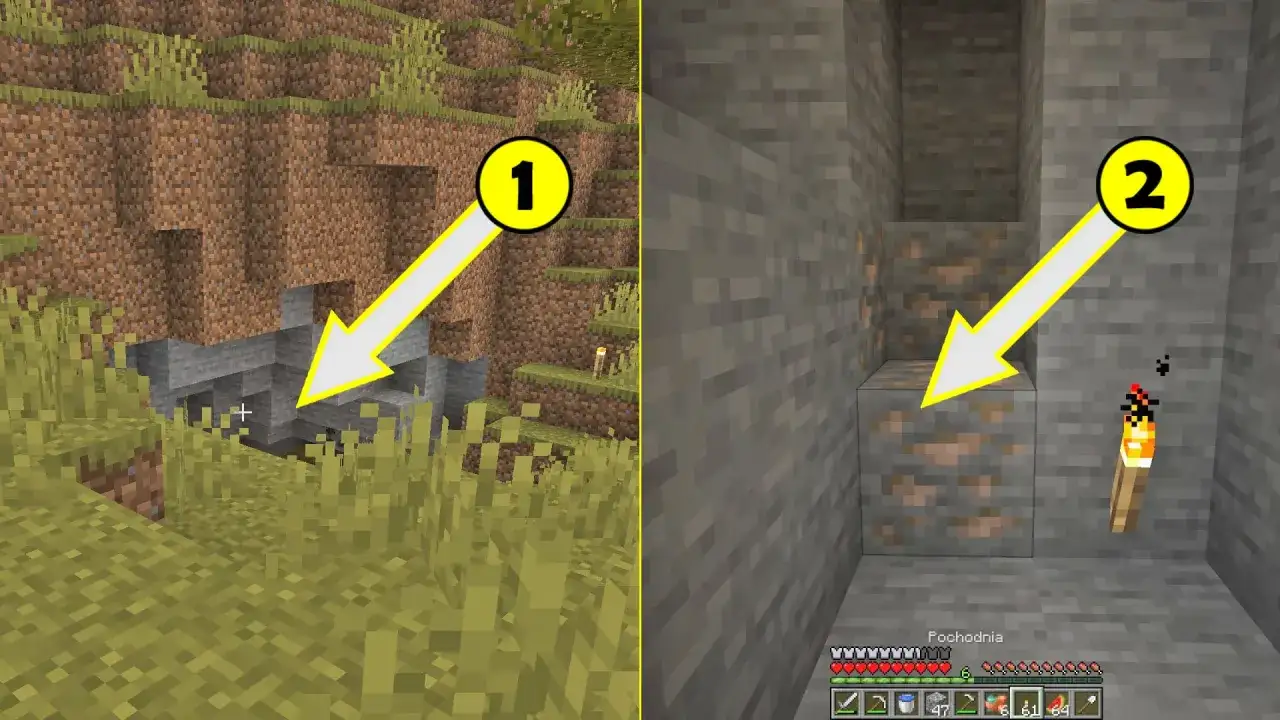 Odkryj, jak wygląda ruda żelaza w grze Minecraft. Na obrazku widzimy ją w dwóch odsłonach: na zboczu góry i w kopalni.