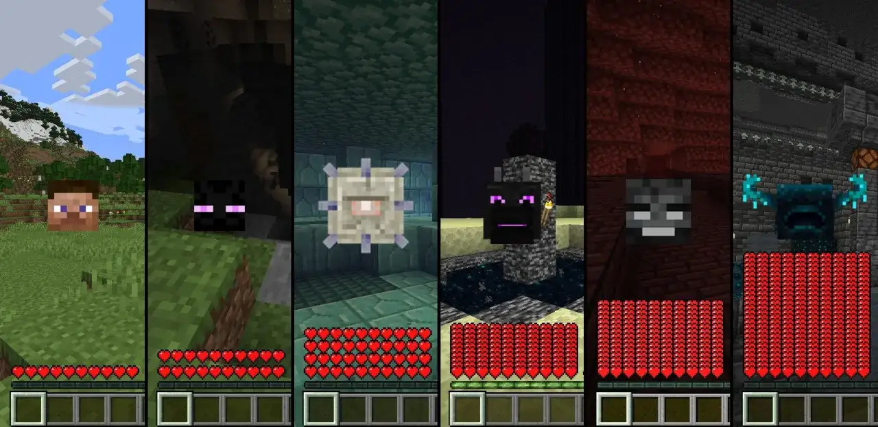 Warden ma 100 HP, co widać na pasku życia. Obok niego są inne potwory z Minecrafta.