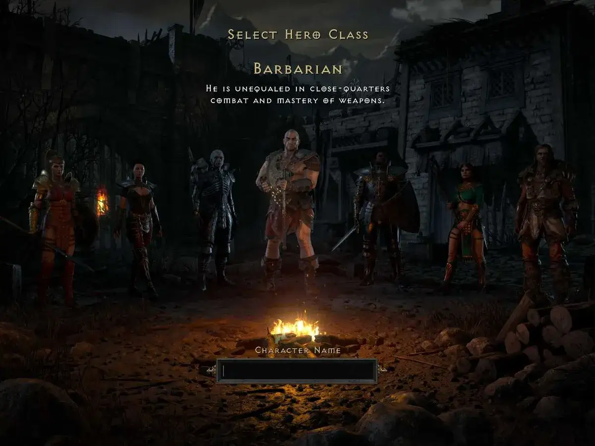 Wybór klasy w Diablo II Resurrected. Widać Barbarzyńcę, gotowego do walki.