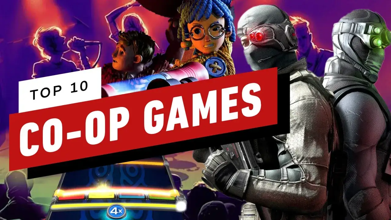 Top 10 gry coop: postacie z gier, w tym żołnierze i animowane postacie, na tle sceny muzycznej.