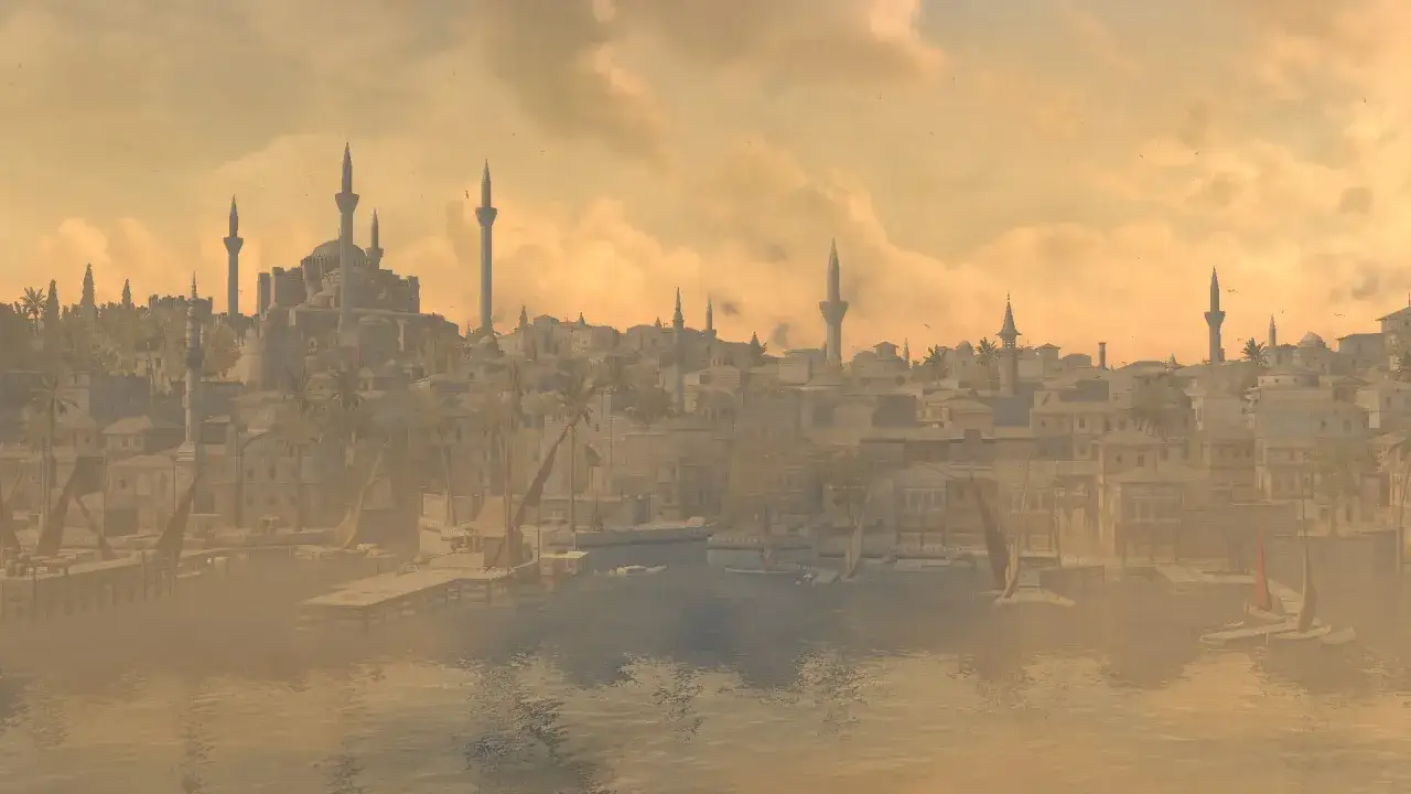 Widok na Konstantynopol z Assassin's Creed Revelations. Port z łodziami i charakterystyczne minarety w tle.