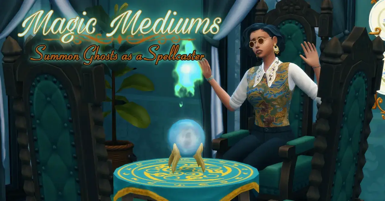 Simka, jako medium, próbuje przywołać ducha w The Sims 4. Na stole kryształowa kula, a w powietrzu zielona poświata.